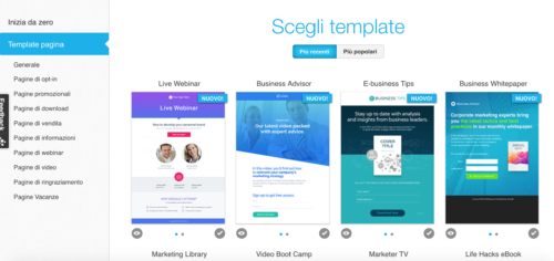 Schermata per landing page