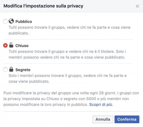 gruppo pubblico, chiuso, segreto