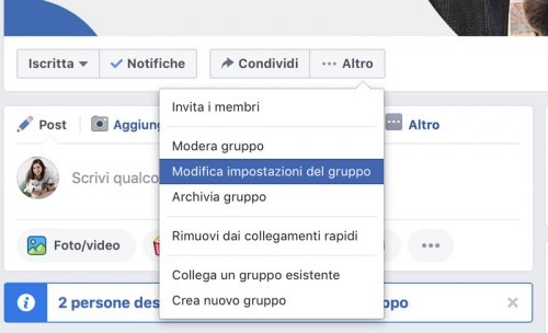 impostazioni del gruppo facebook